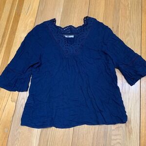 Daniel‎ Rainn Navy Blue Eyelet Lace V Neck Bell Sleeve Blouse Top Women's Large